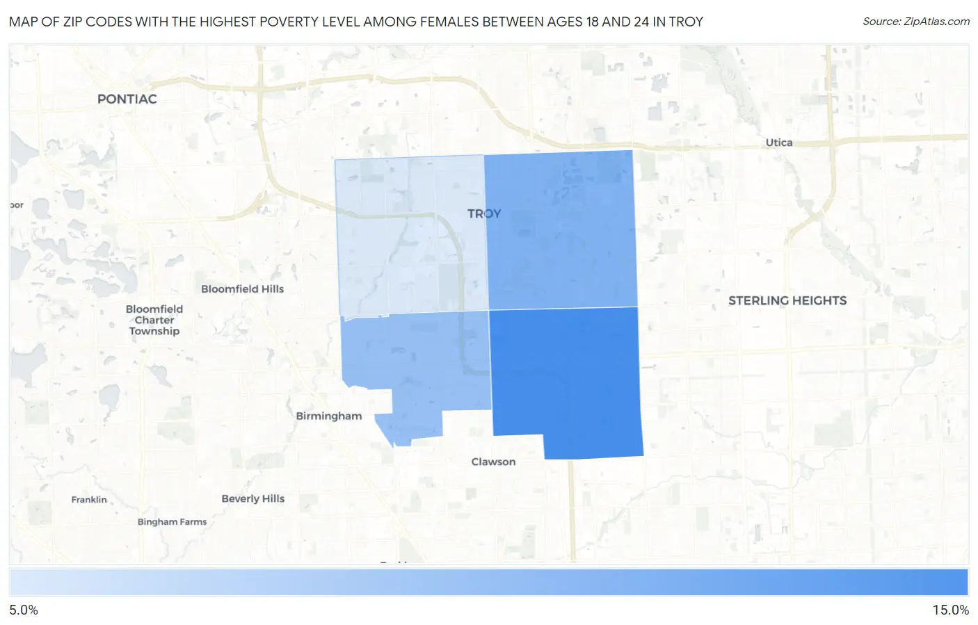 Zip Codes with the Highest Poverty Level Among Females Between Ages 18 and 24 in Troy Map