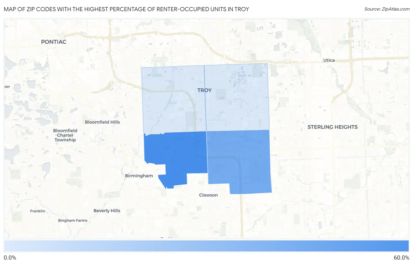 Zip Codes with the Highest Percentage of Renter-Occupied Units in Troy Map