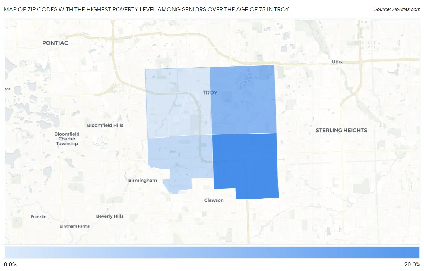Zip Codes with the Highest Poverty Level Among Seniors Over the Age of 75 in Troy Map
