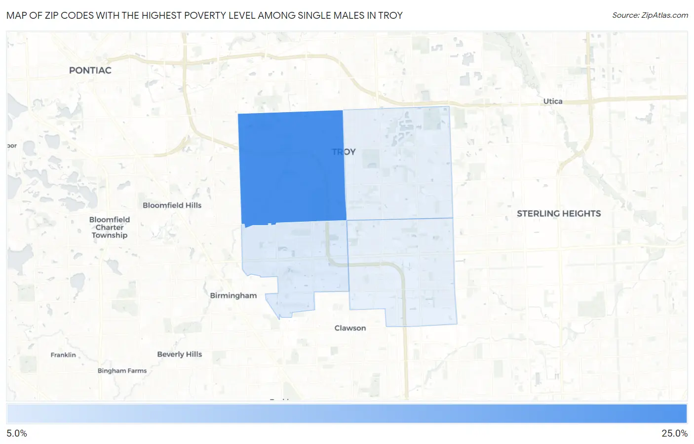 Zip Codes with the Highest Poverty Level Among Single Males in Troy Map