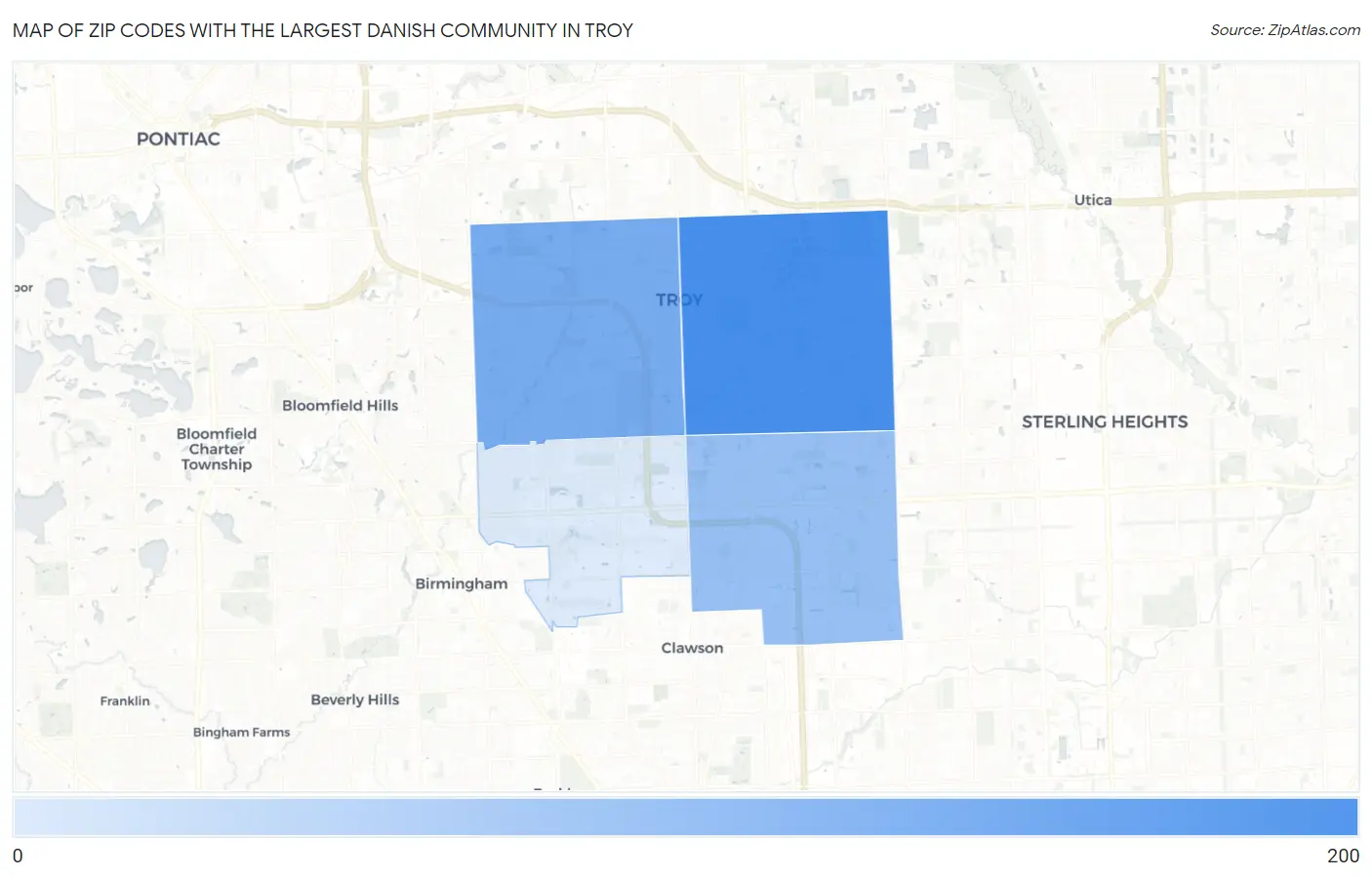 Zip Codes with the Largest Danish Community in Troy Map