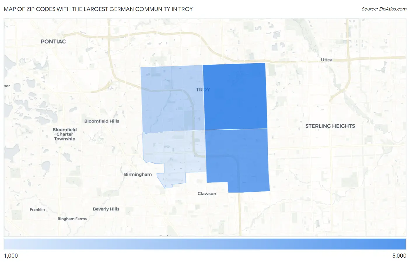 Zip Codes with the Largest German Community in Troy Map