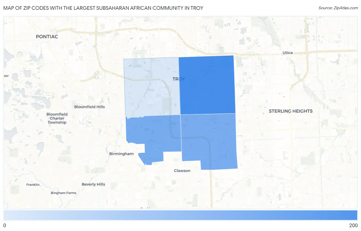 Zip Codes with the Largest Subsaharan African Community in Troy Map