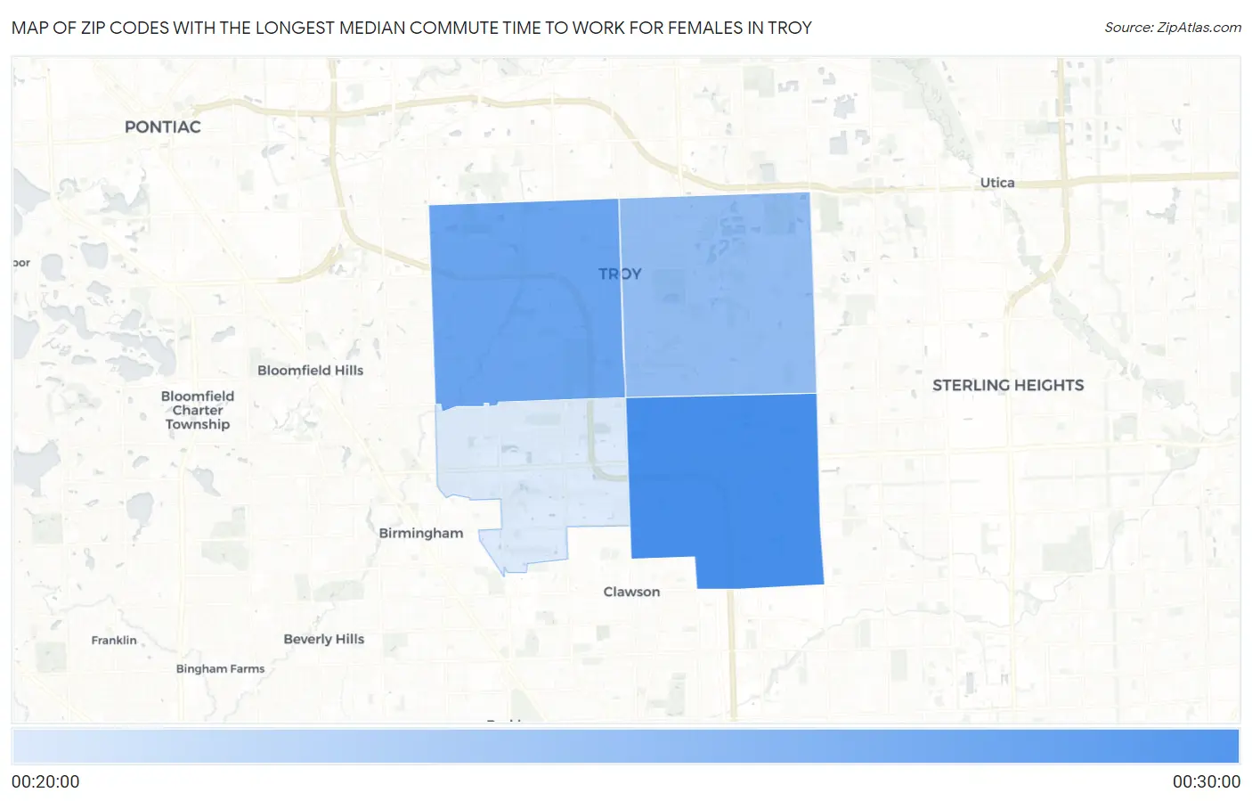 Zip Codes with the Longest Median Commute Time to Work for Females in Troy Map