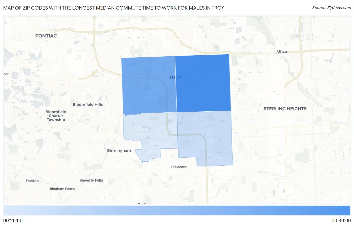 Zip Codes with the Longest Median Commute Time to Work for Males in Troy Map