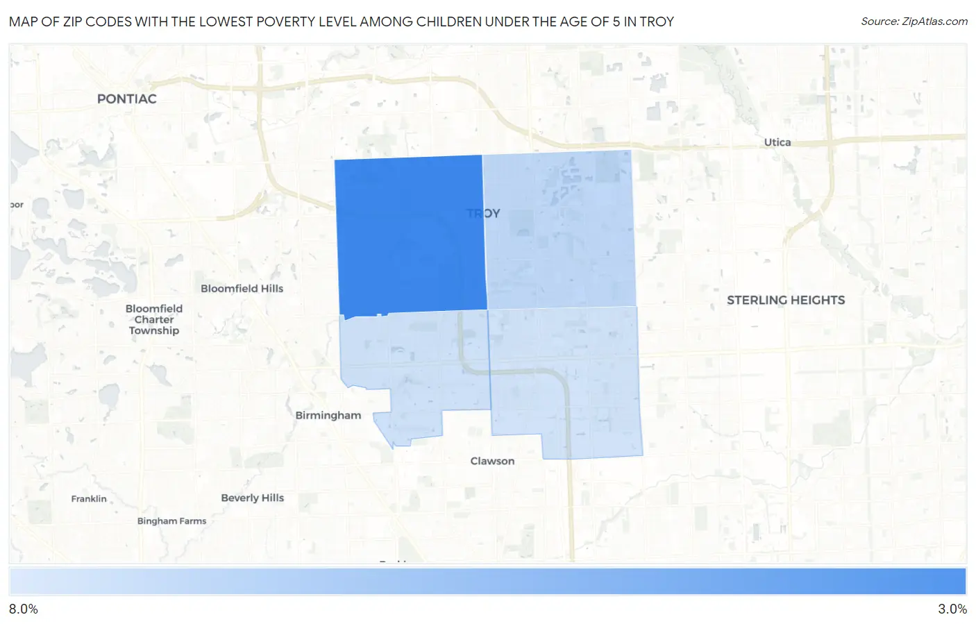 Zip Codes with the Lowest Poverty Level Among Children Under the Age of 5 in Troy Map