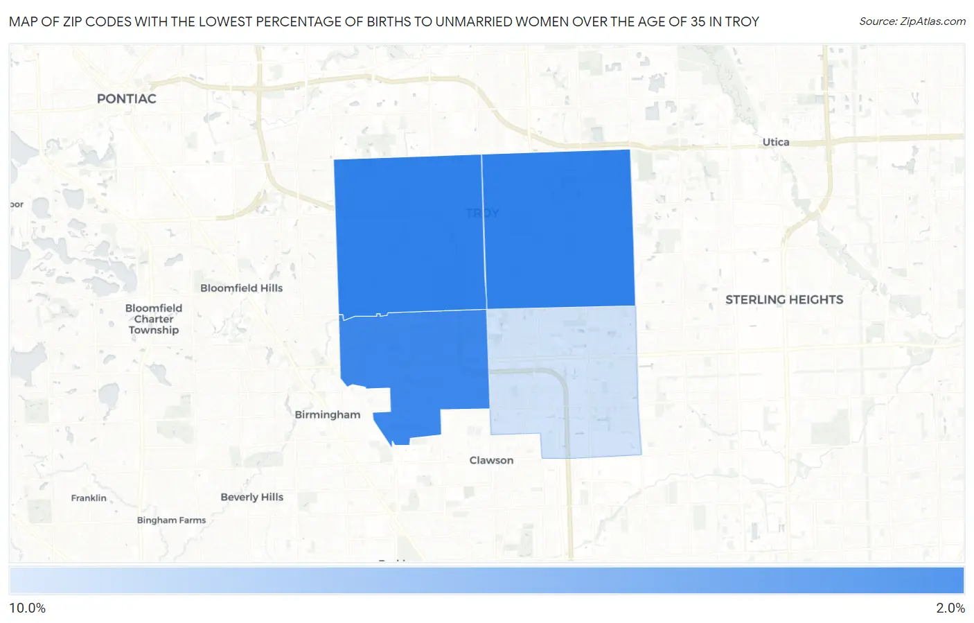 Zip Codes with the Lowest Percentage of Births to Unmarried Women over the Age of 35 in Troy Map