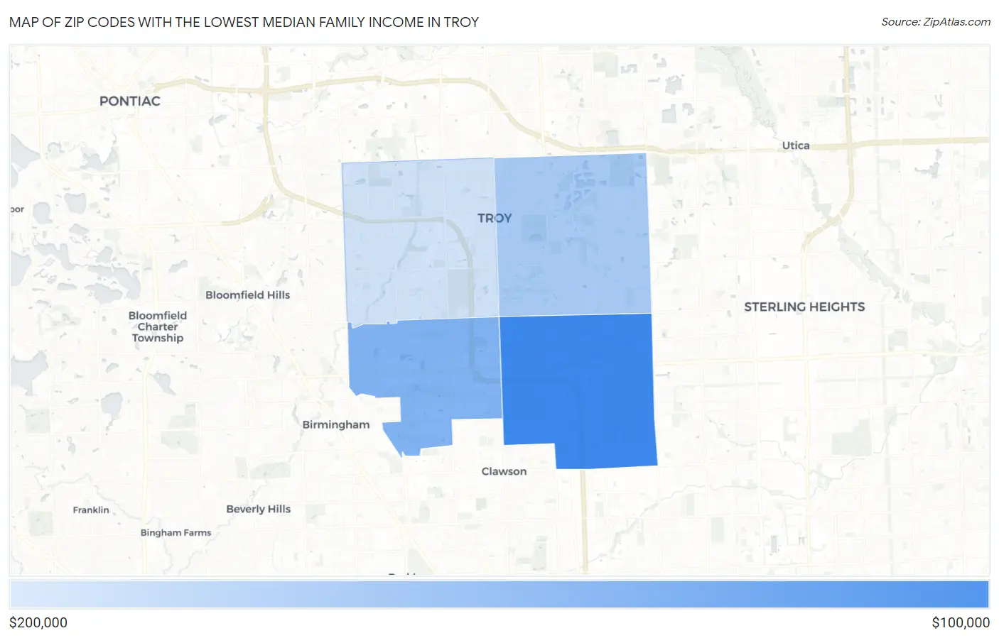 Zip Codes with the Lowest Median Family Income in Troy Map