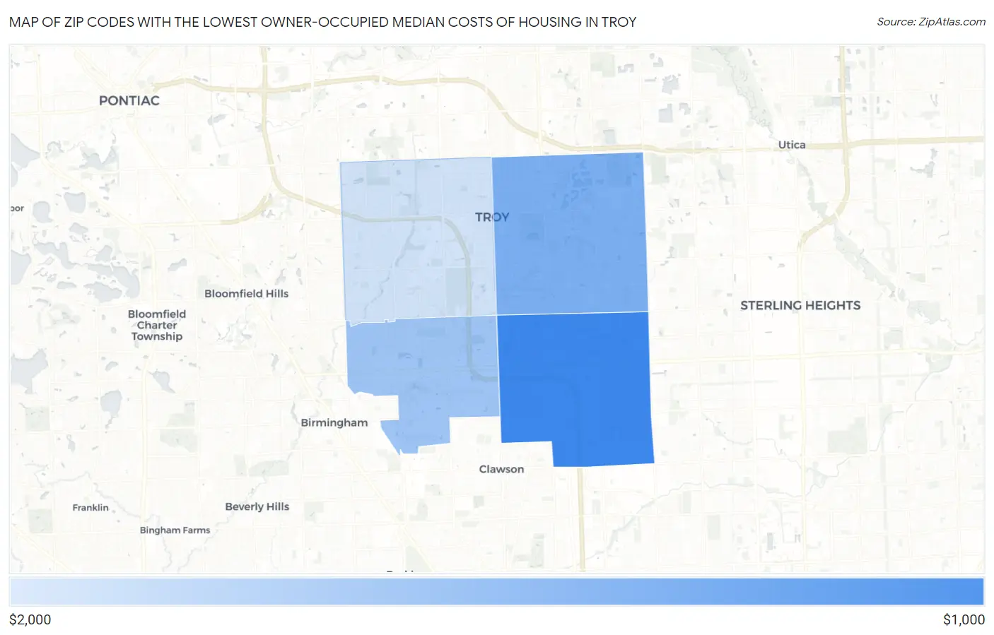 Zip Codes with the Lowest Owner-Occupied Median Costs of Housing in Troy Map