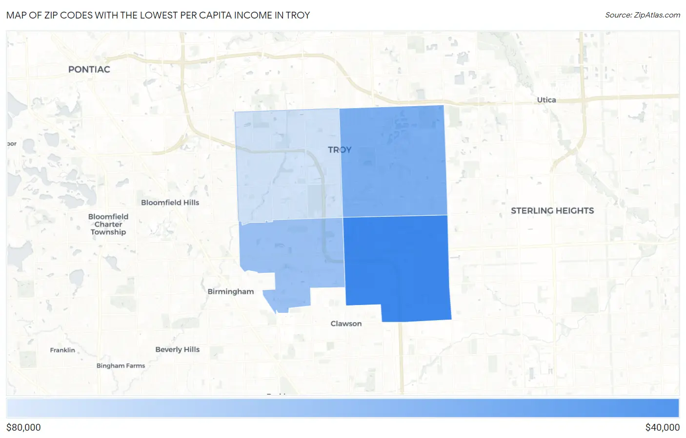 Zip Codes with the Lowest Per Capita Income in Troy Map