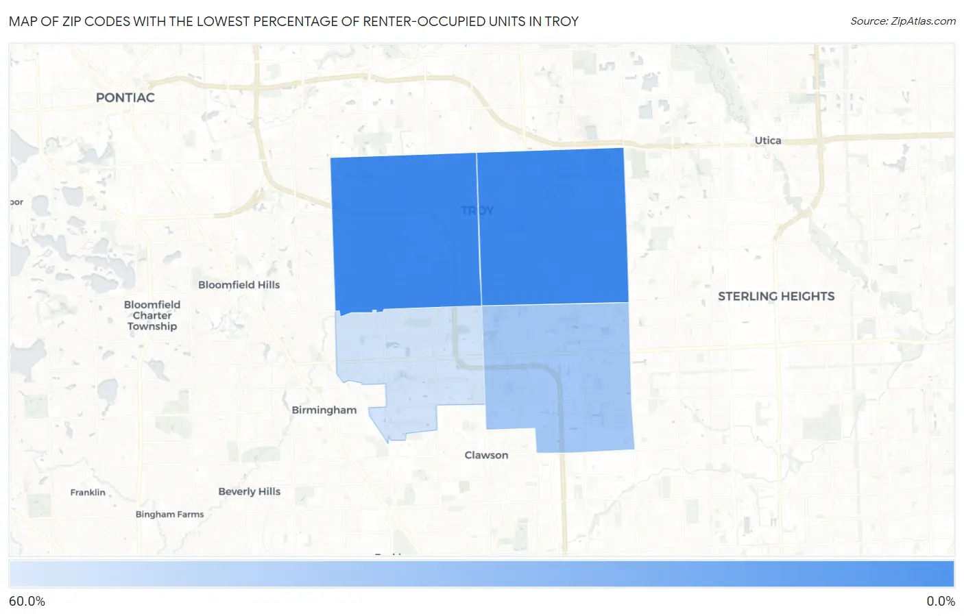 Zip Codes with the Lowest Percentage of Renter-Occupied Units in Troy Map