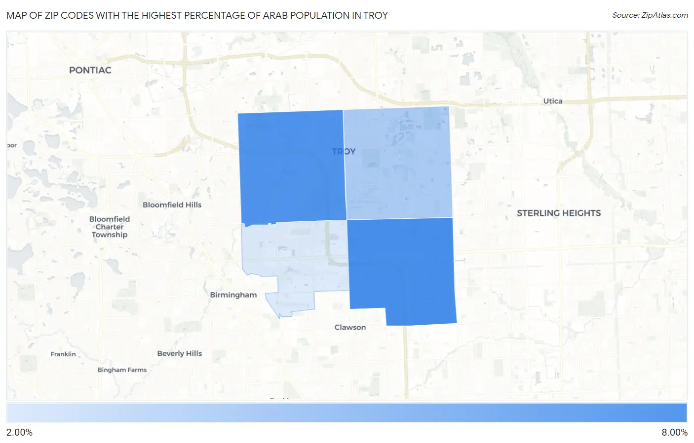 Zip Codes with the Highest Percentage of Arab Population in Troy Map