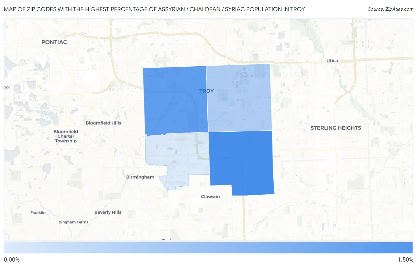 Zip Codes with the Highest Percentage of Assyrian / Chaldean / Syriac Population in Troy Map