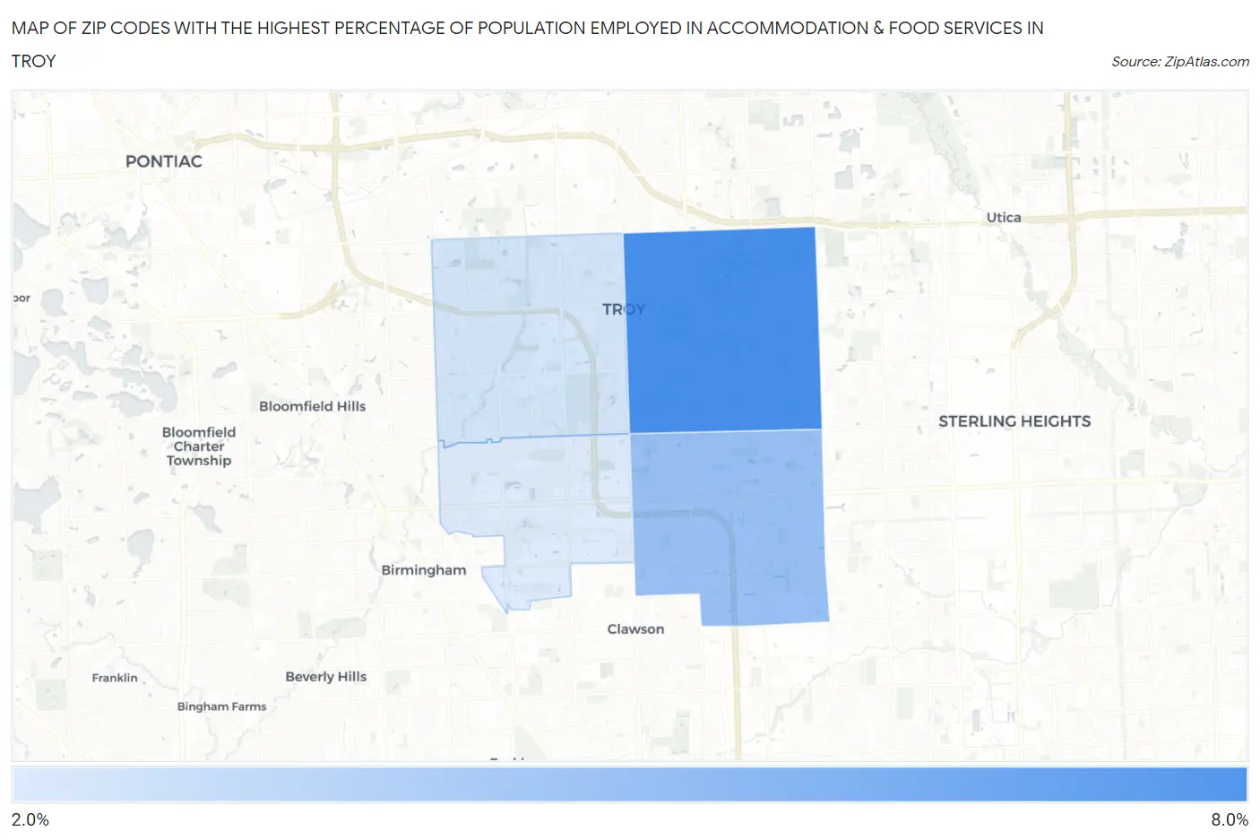 Zip Codes with the Highest Percentage of Population Employed in Accommodation & Food Services in Troy Map
