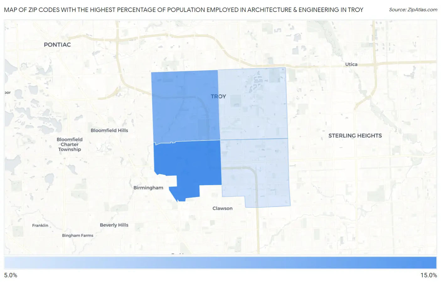 Zip Codes with the Highest Percentage of Population Employed in Architecture & Engineering in Troy Map
