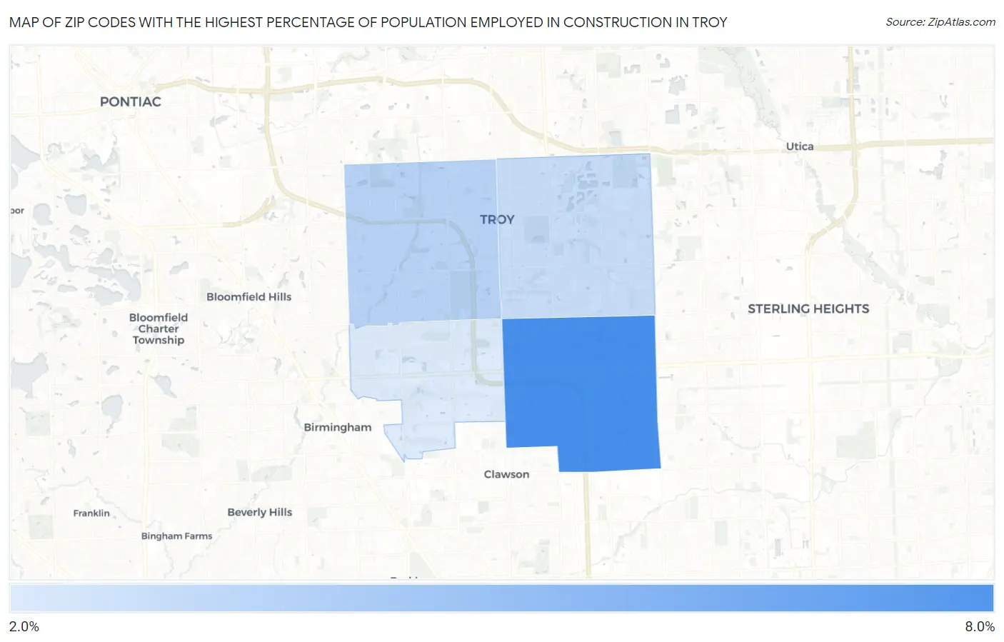 Zip Codes with the Highest Percentage of Population Employed in Construction in Troy Map