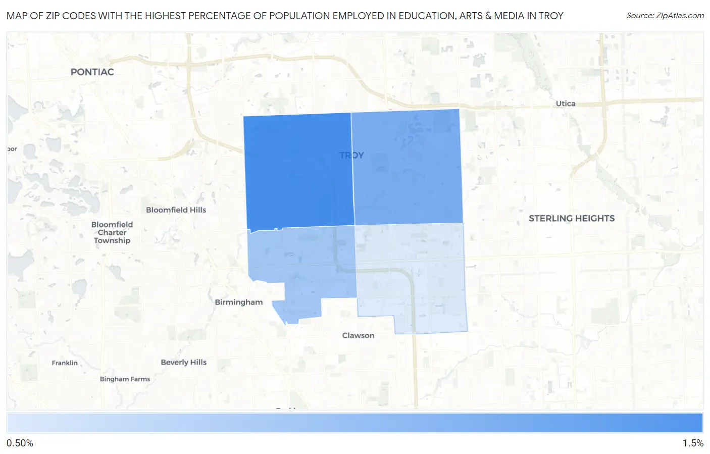 Zip Codes with the Highest Percentage of Population Employed in Education, Arts & Media in Troy Map