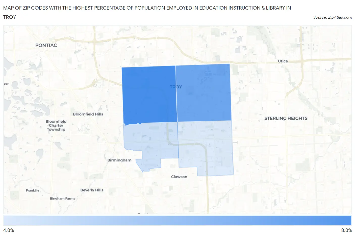 Zip Codes with the Highest Percentage of Population Employed in Education Instruction & Library in Troy Map