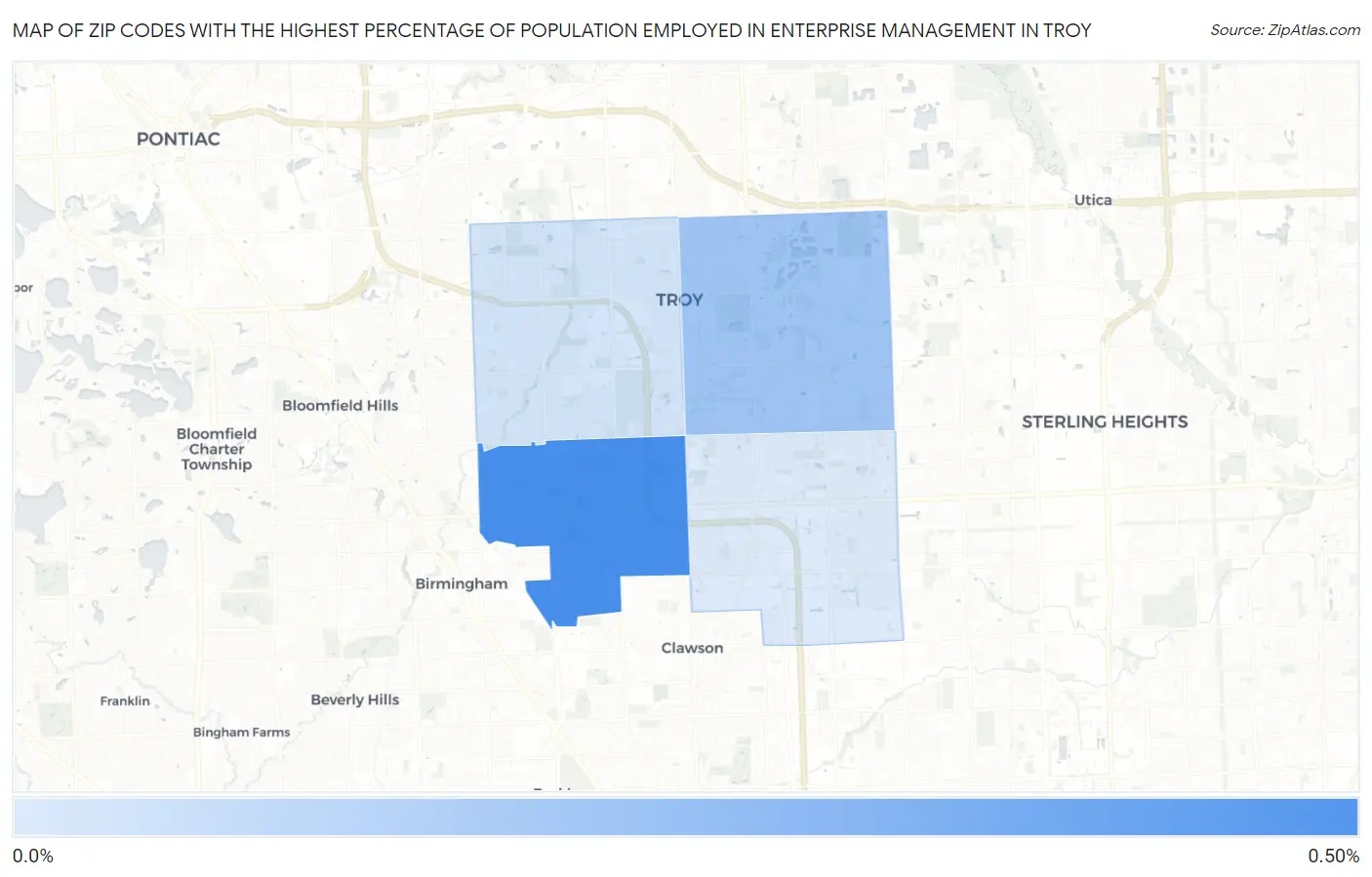 Zip Codes with the Highest Percentage of Population Employed in Enterprise Management in Troy Map