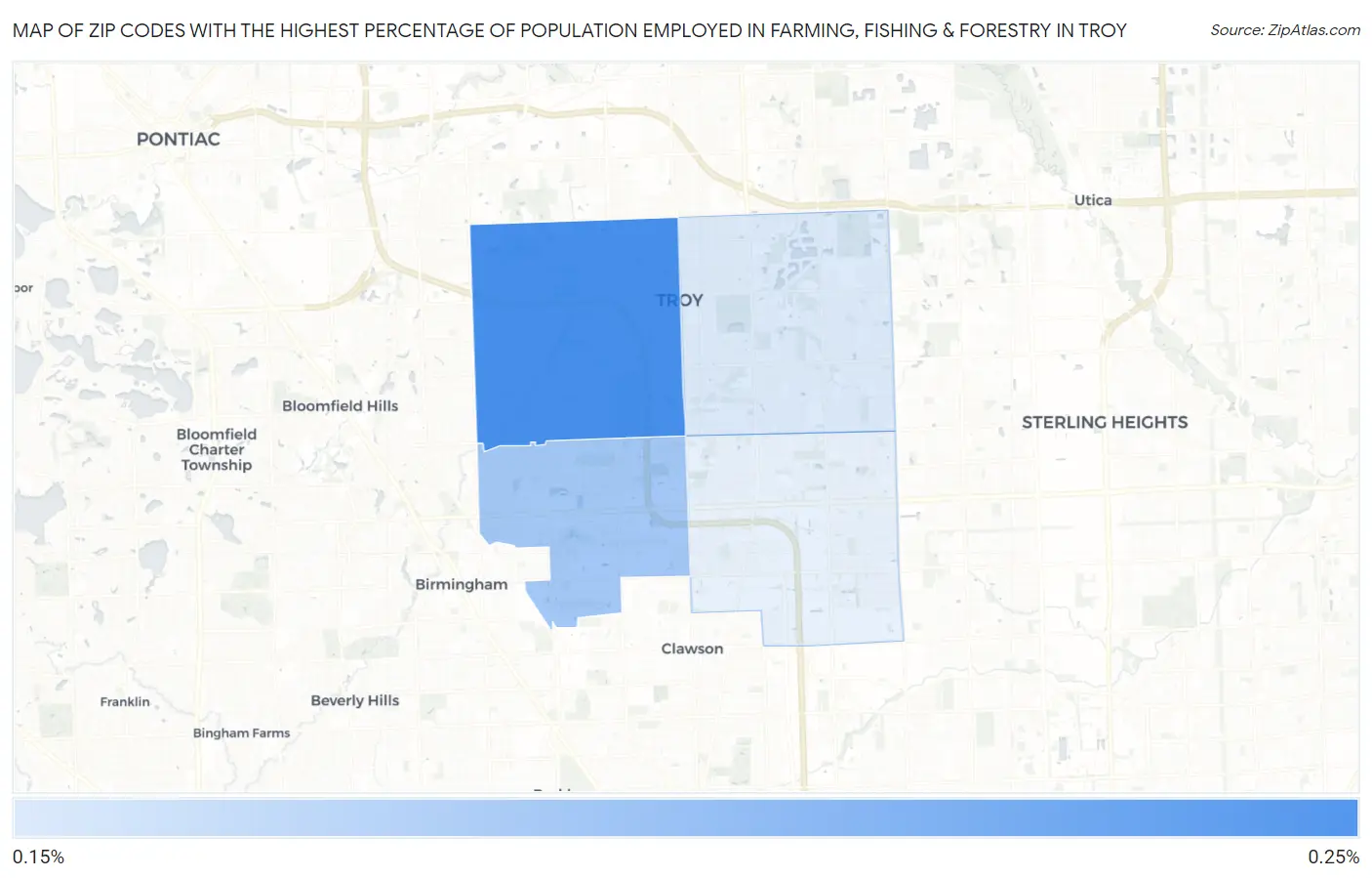 Zip Codes with the Highest Percentage of Population Employed in Farming, Fishing & Forestry in Troy Map