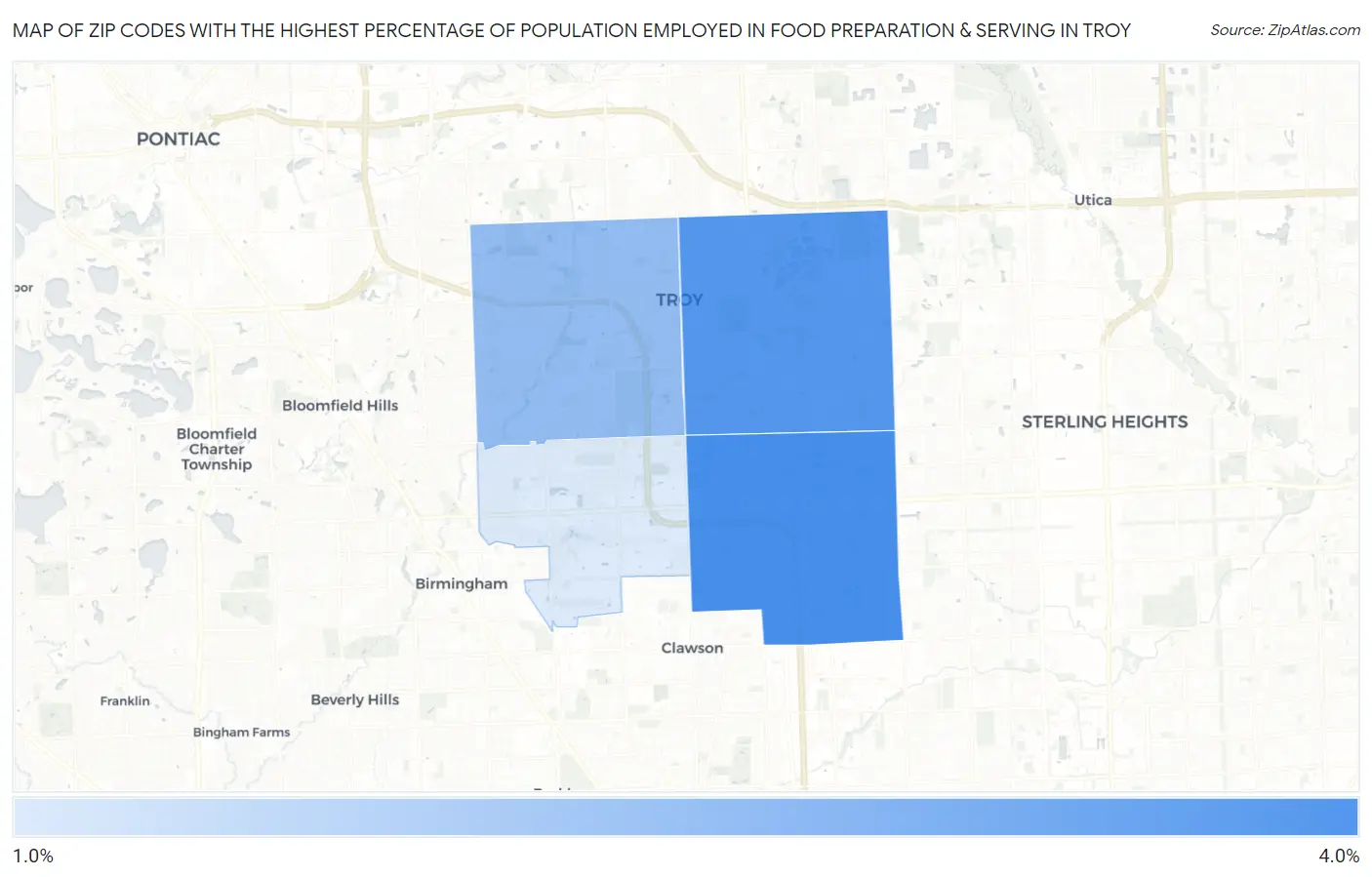 Zip Codes with the Highest Percentage of Population Employed in Food Preparation & Serving in Troy Map