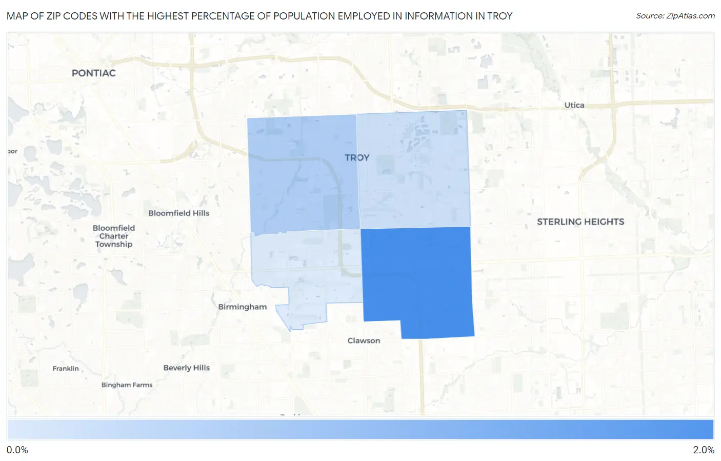 Zip Codes with the Highest Percentage of Population Employed in Information in Troy Map