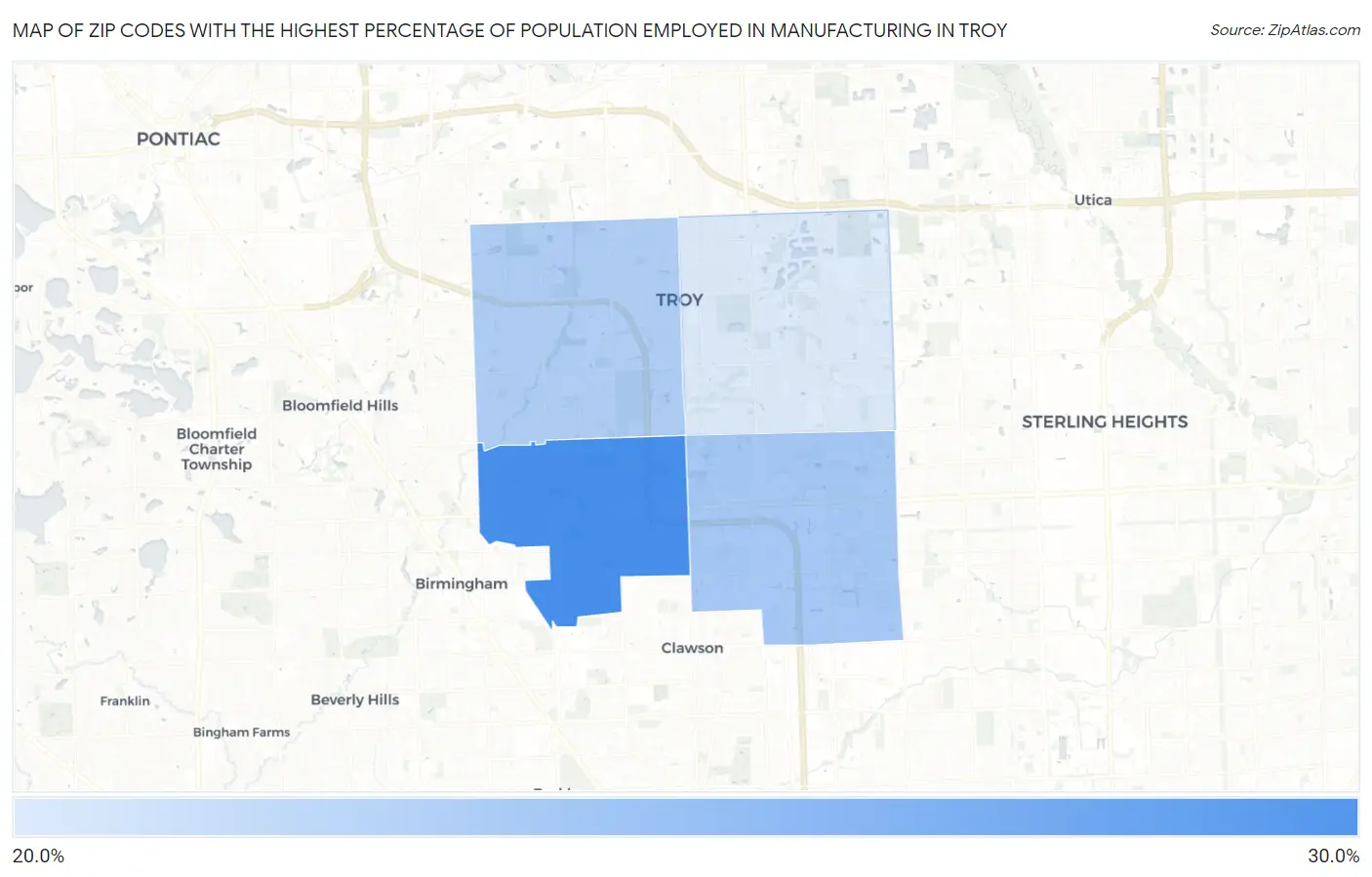 Zip Codes with the Highest Percentage of Population Employed in Manufacturing in Troy Map