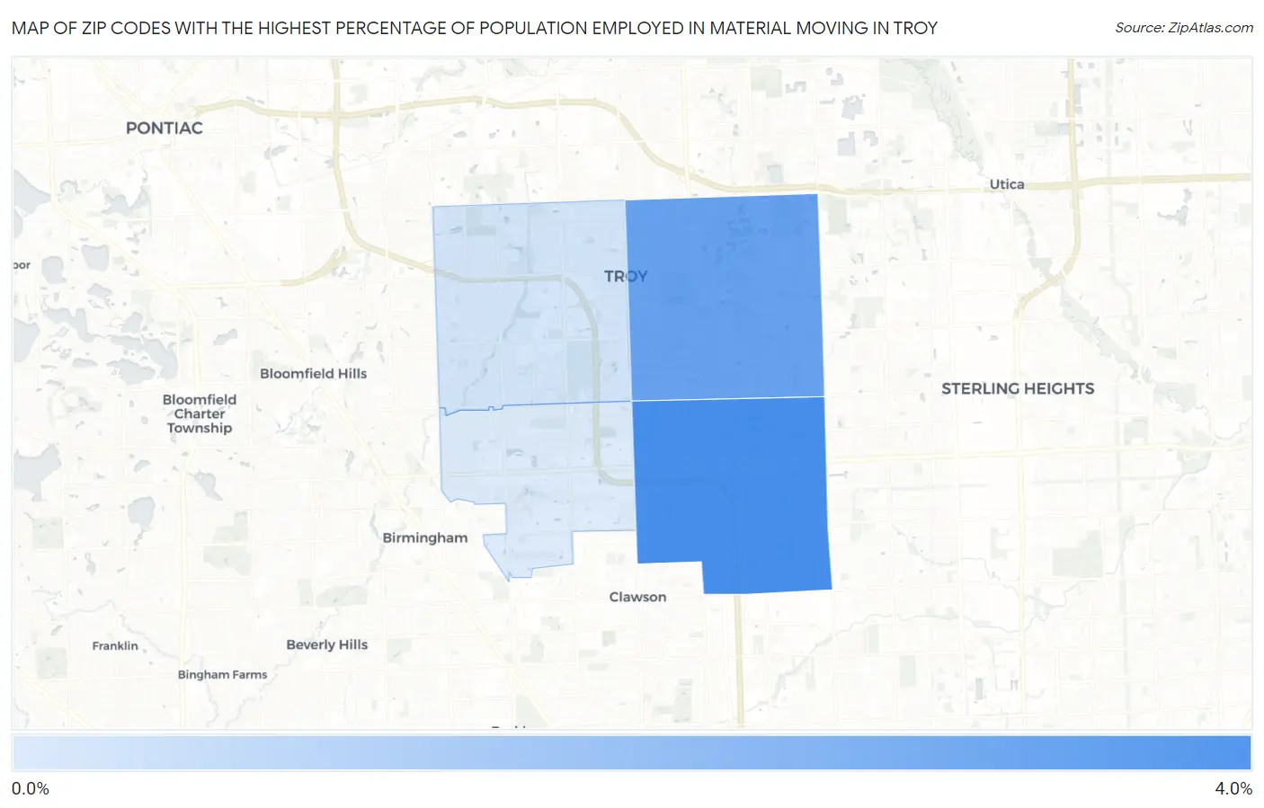 Zip Codes with the Highest Percentage of Population Employed in Material Moving in Troy Map