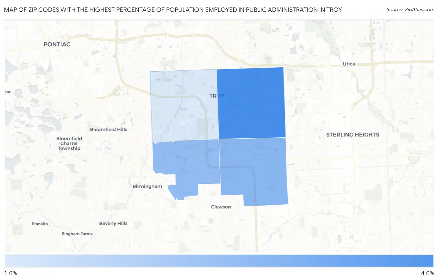 Zip Codes with the Highest Percentage of Population Employed in Public Administration in Troy Map