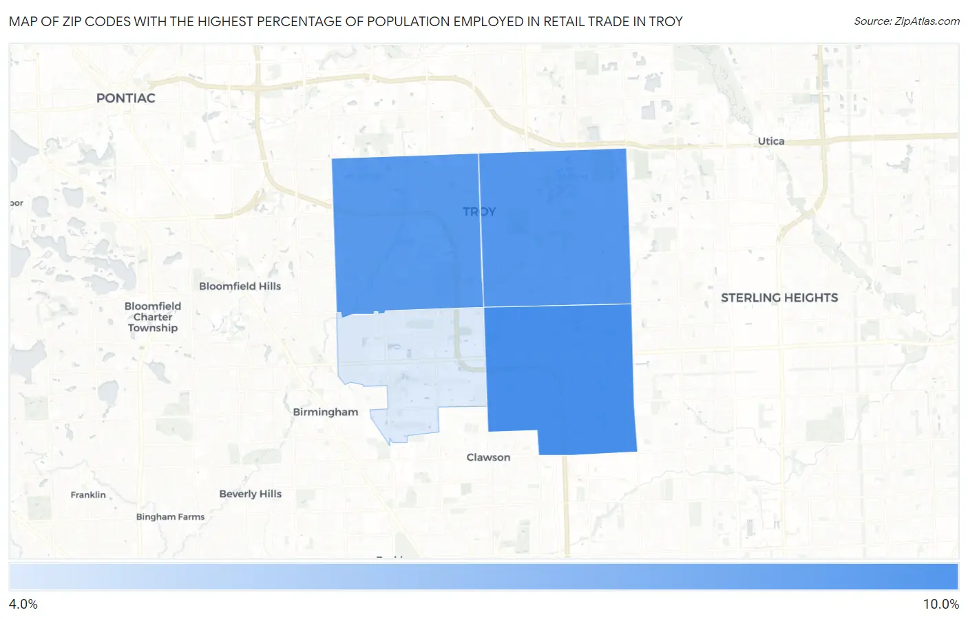 Zip Codes with the Highest Percentage of Population Employed in Retail Trade in Troy Map