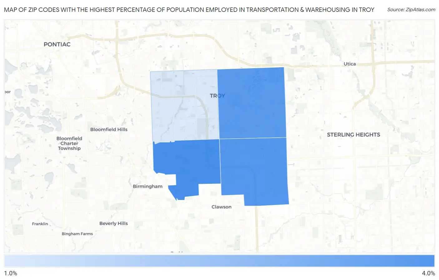 Zip Codes with the Highest Percentage of Population Employed in Transportation & Warehousing in Troy Map