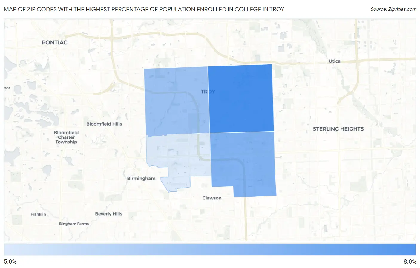 Zip Codes with the Highest Percentage of Population Enrolled in College in Troy Map