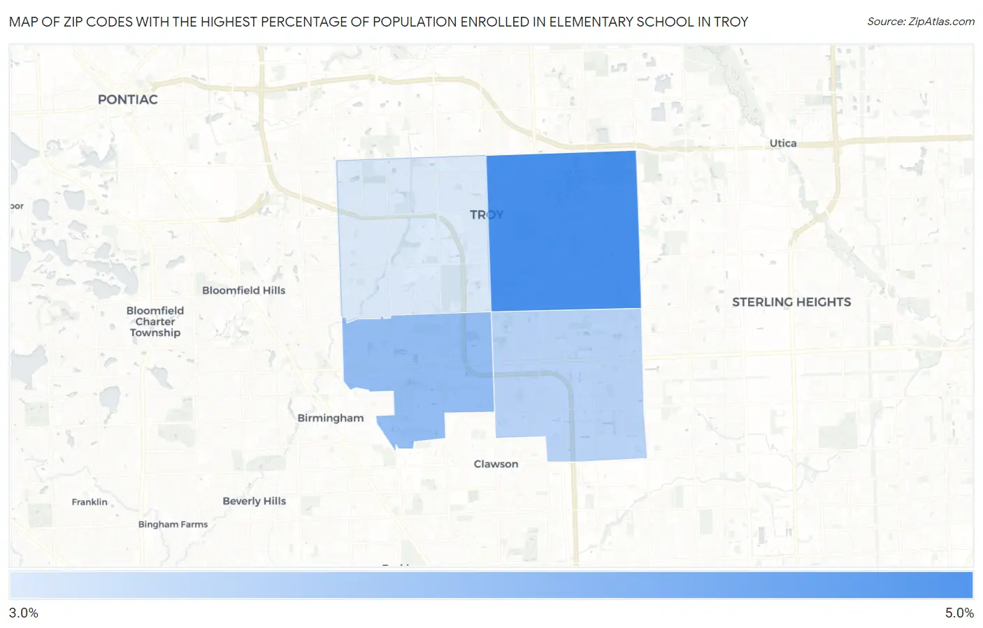 Zip Codes with the Highest Percentage of Population Enrolled in Elementary School in Troy Map