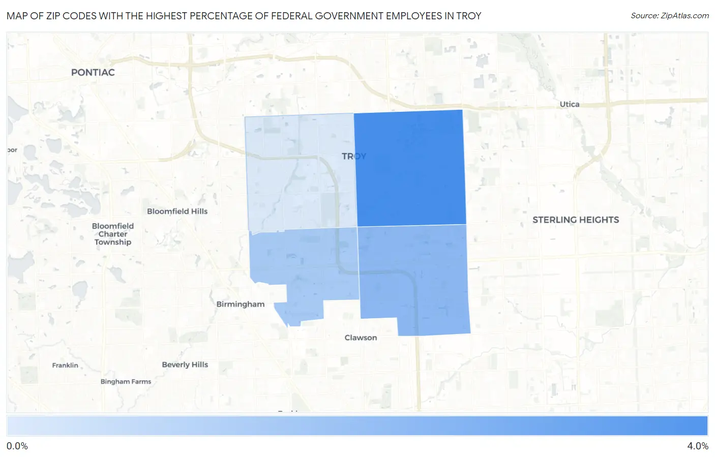Zip Codes with the Highest Percentage of Federal Government Employees in Troy Map