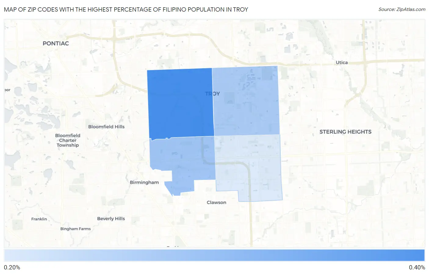 Zip Codes with the Highest Percentage of Filipino Population in Troy Map