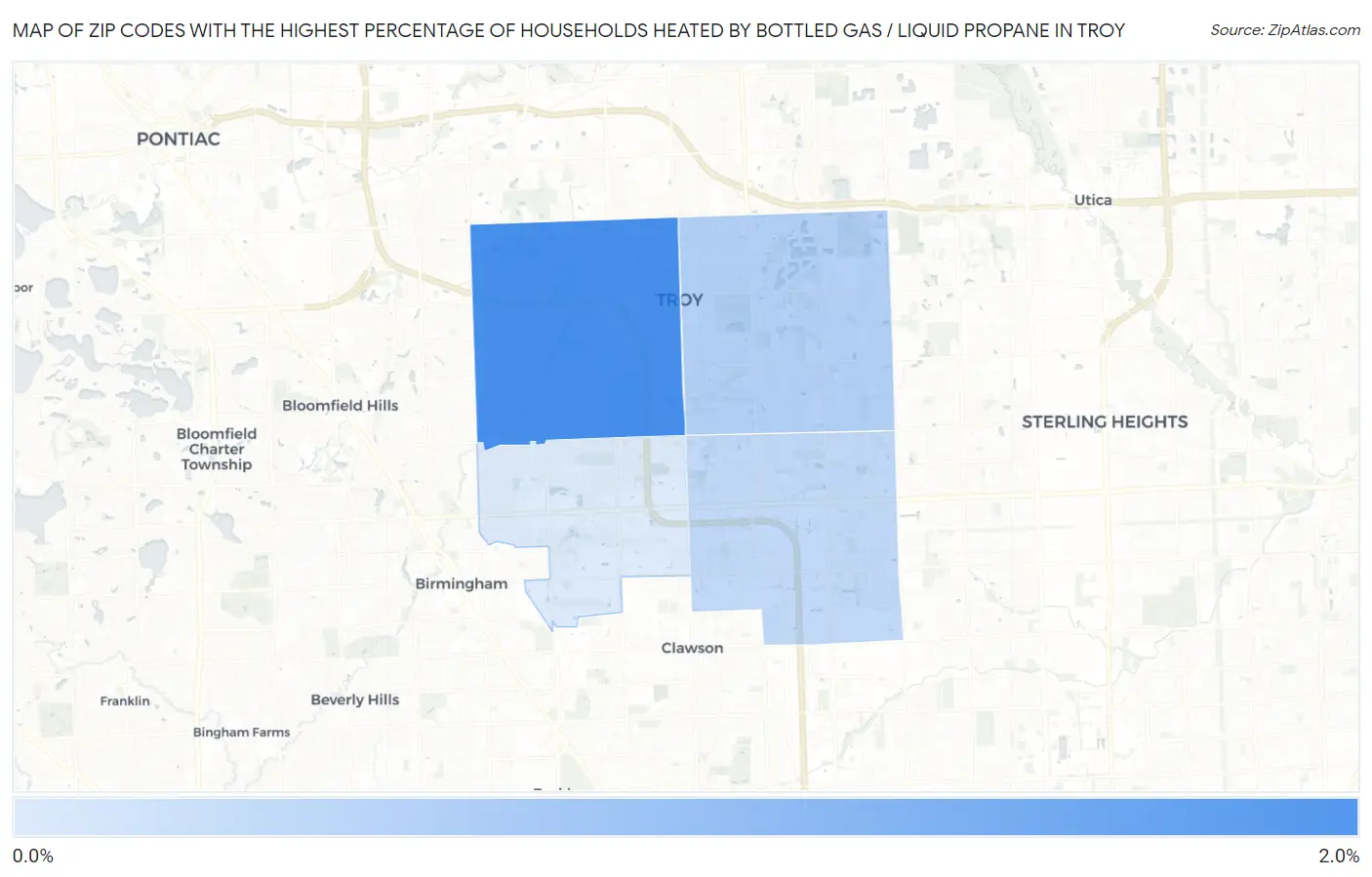 Zip Codes with the Highest Percentage of Households Heated by Bottled Gas / Liquid Propane in Troy Map