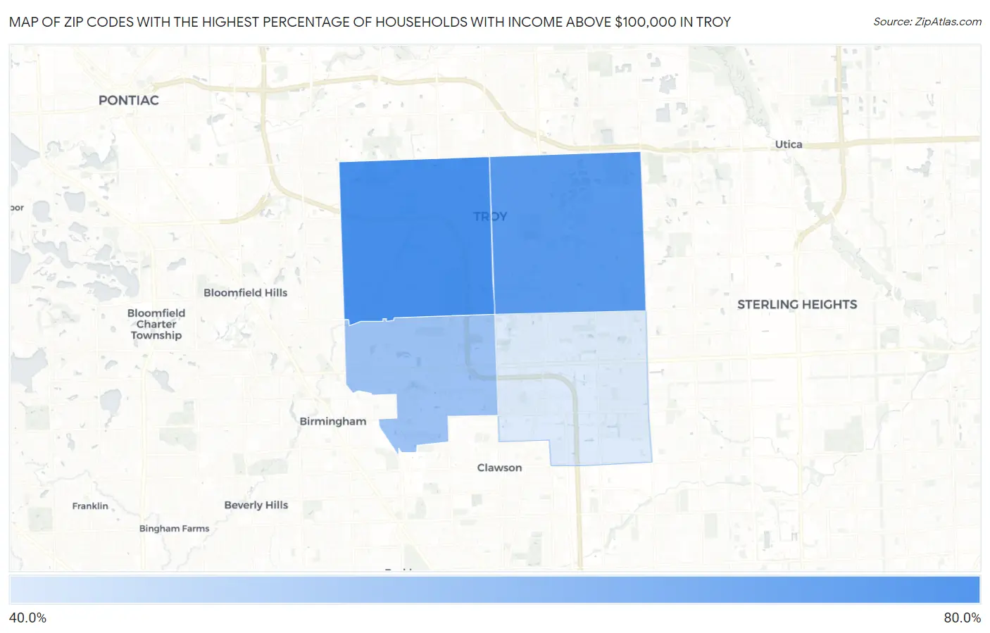 Zip Codes with the Highest Percentage of Households with Income Above $100,000 in Troy Map