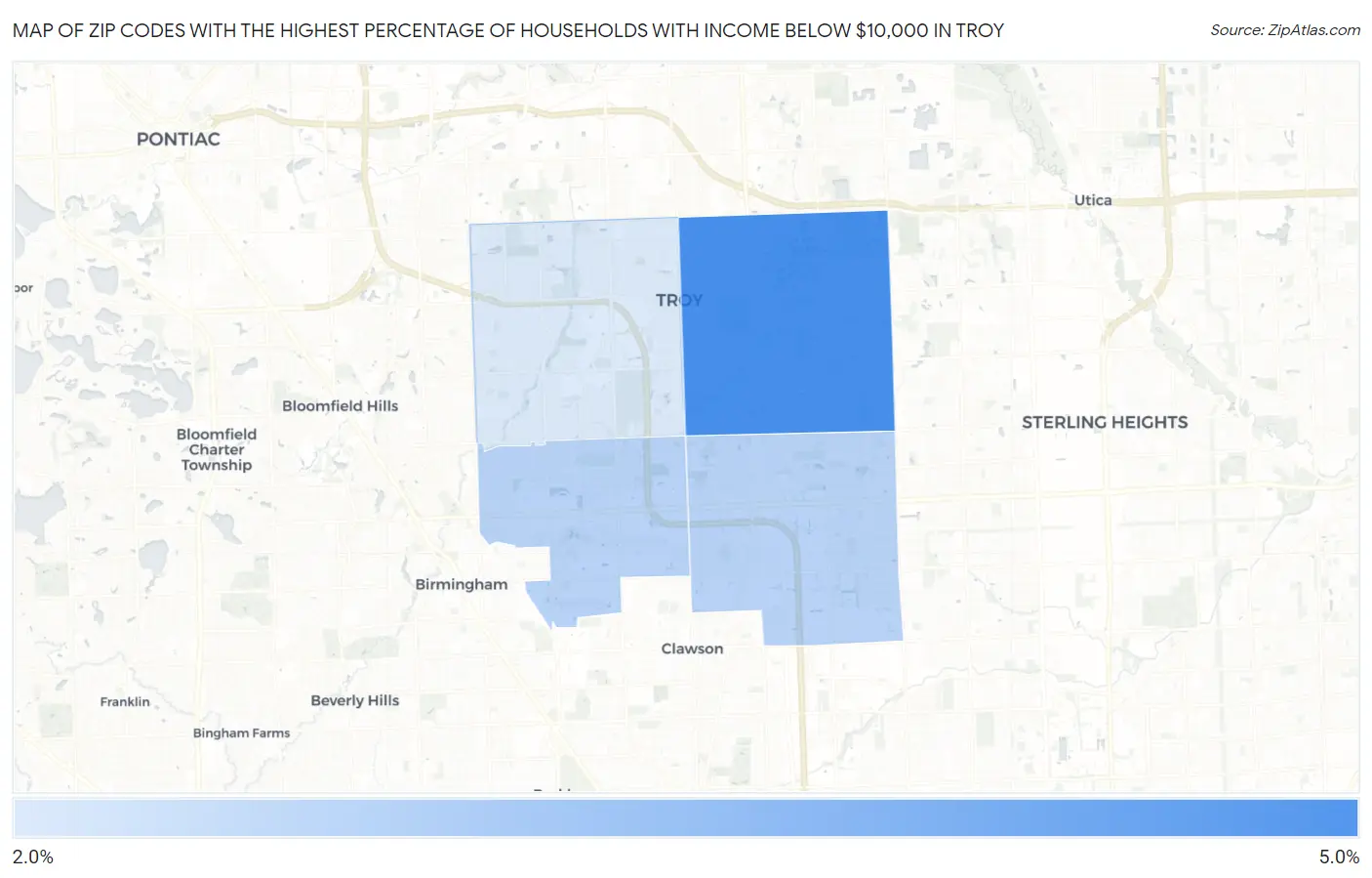 Zip Codes with the Highest Percentage of Households with Income Below $10,000 in Troy Map