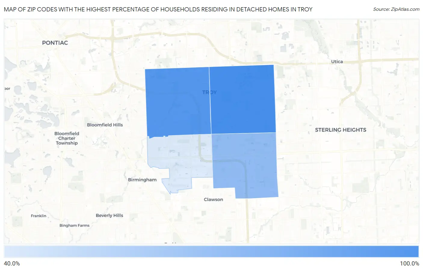 Zip Codes with the Highest Percentage of Households Residing in Detached Homes in Troy Map