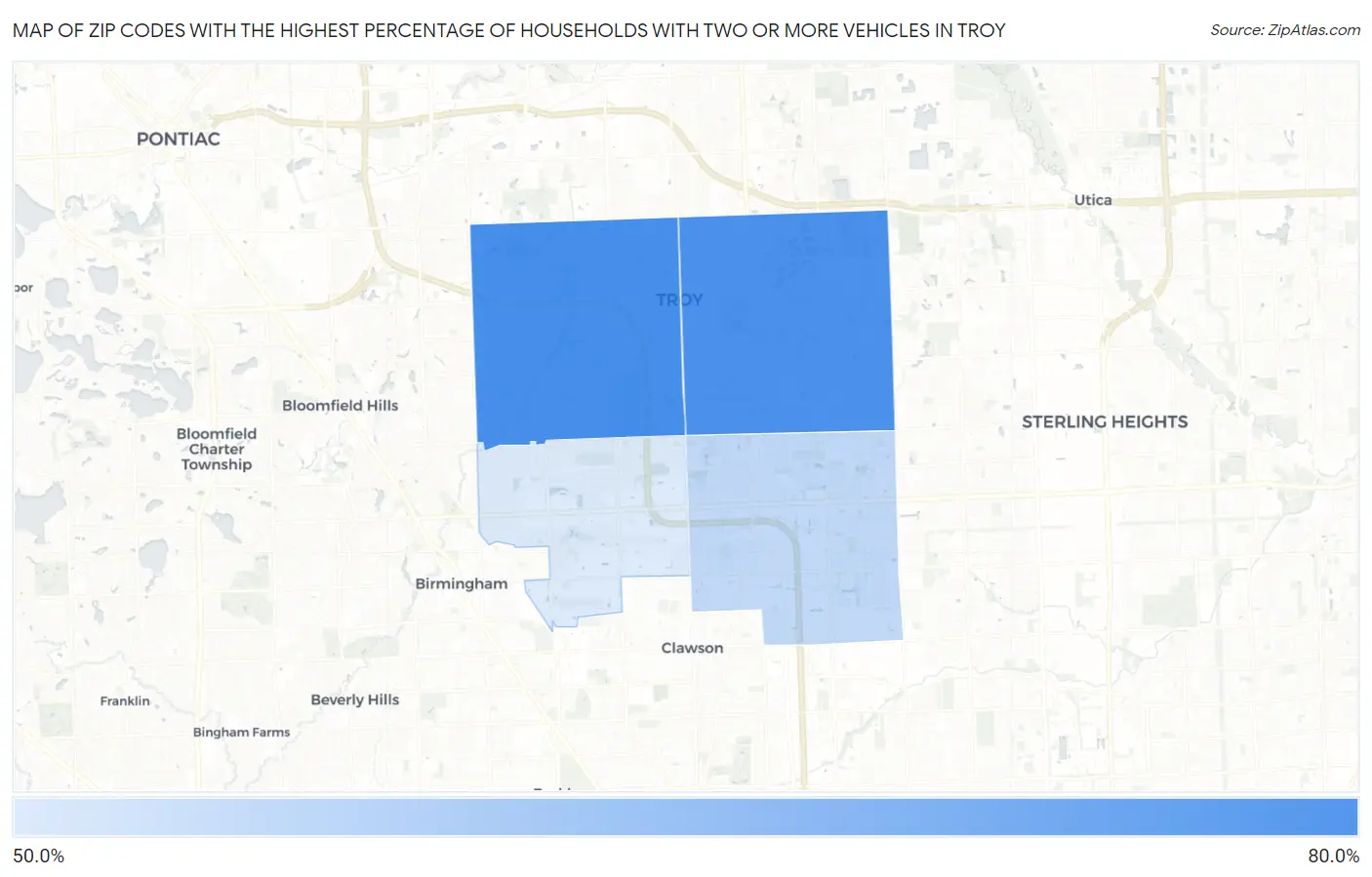 Zip Codes with the Highest Percentage of Households With Two or more Vehicles in Troy Map