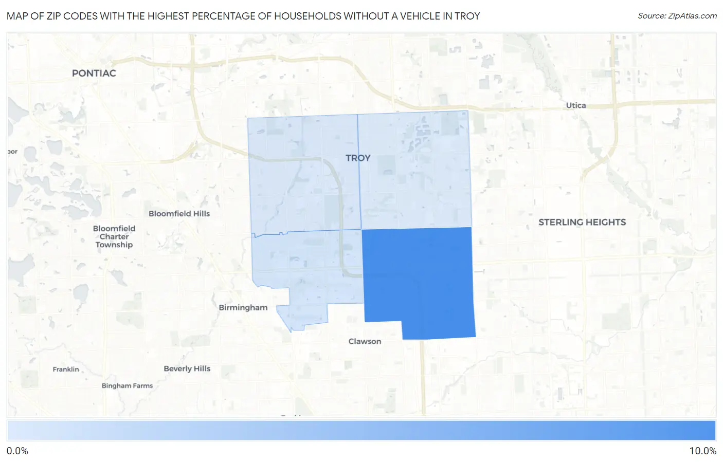 Zip Codes with the Highest Percentage of Households Without a Vehicle in Troy Map