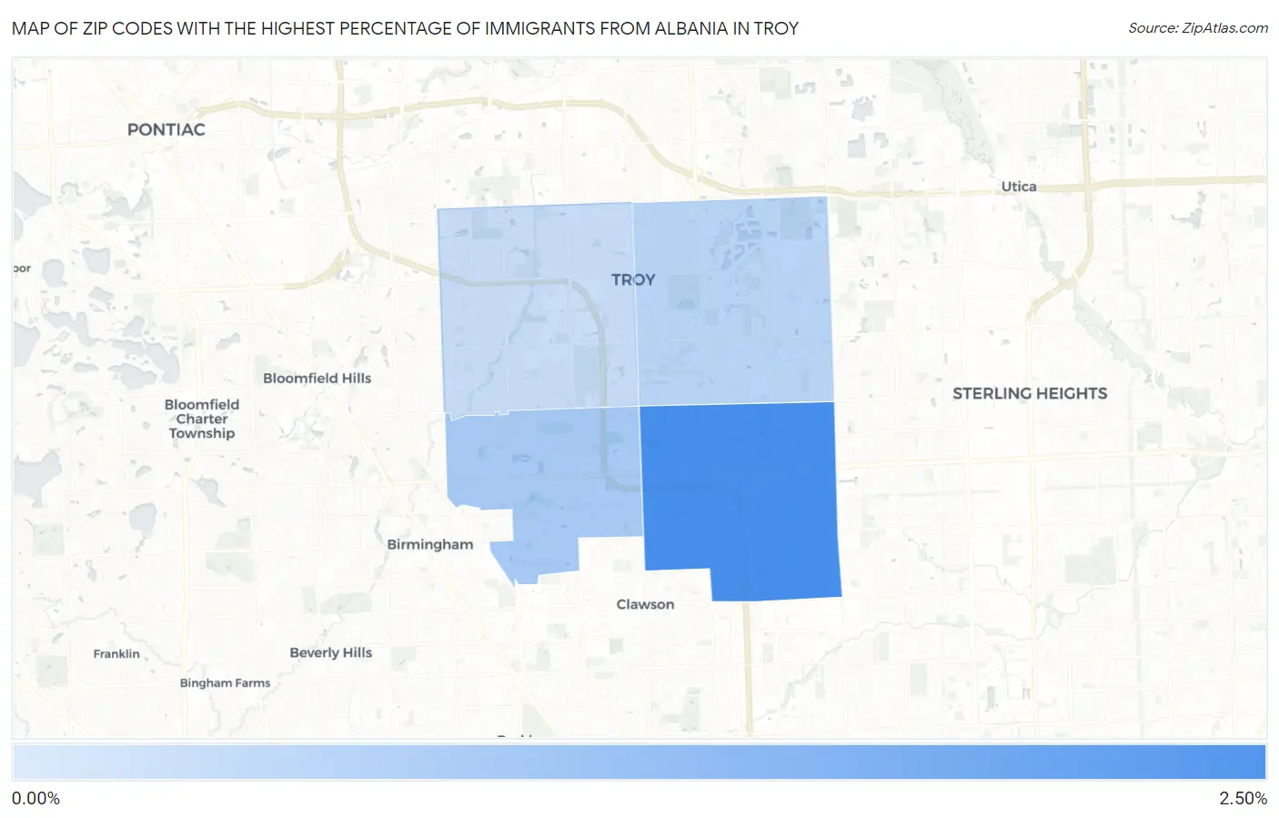 Zip Codes with the Highest Percentage of Immigrants from Albania in Troy Map