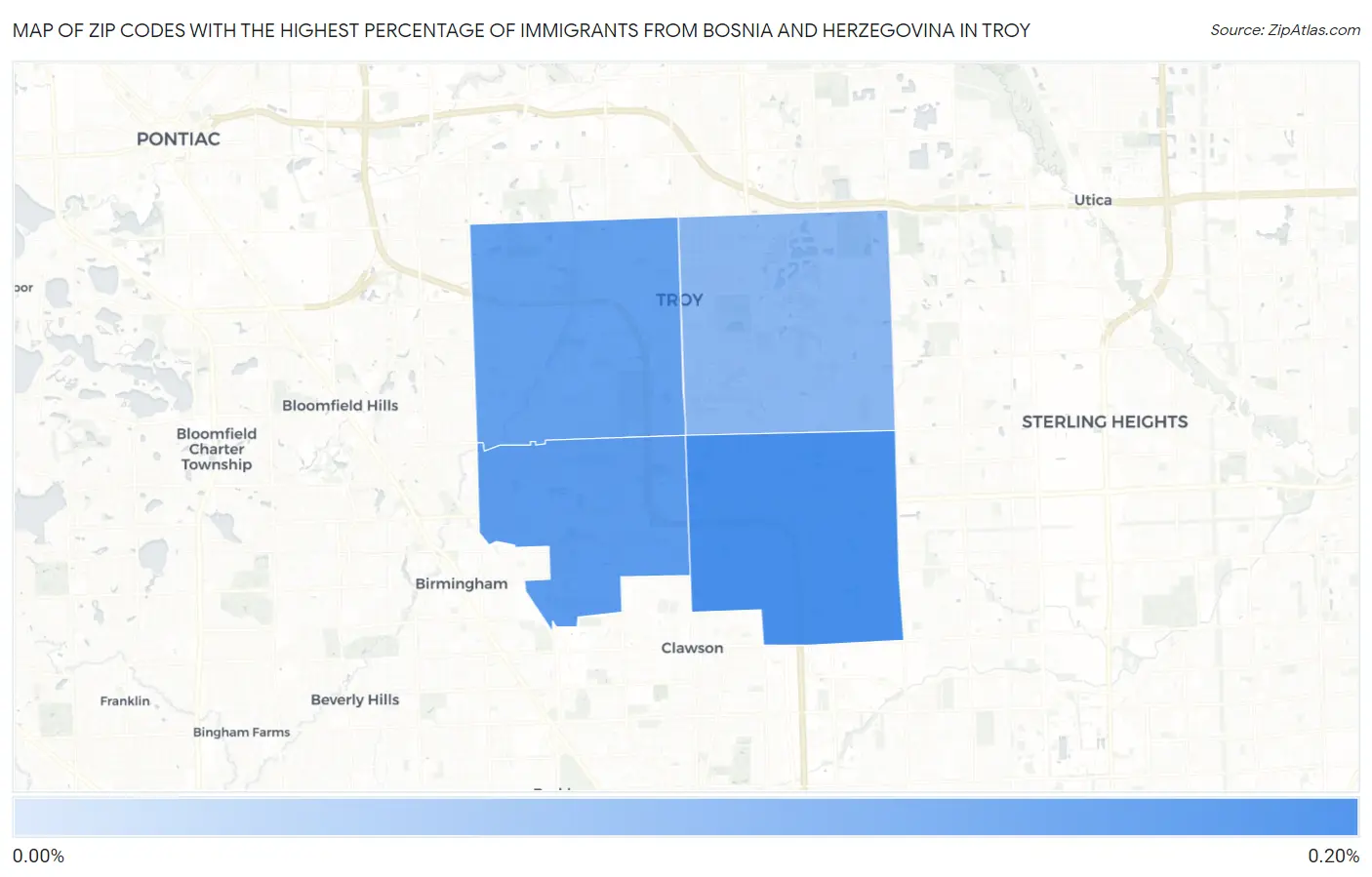 Zip Codes with the Highest Percentage of Immigrants from Bosnia and Herzegovina in Troy Map