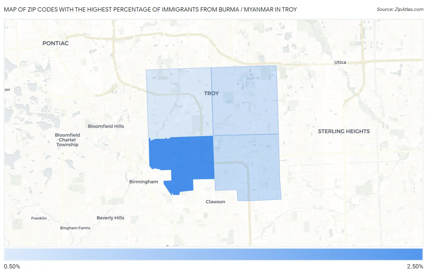 Zip Codes with the Highest Percentage of Immigrants from Burma / Myanmar in Troy Map