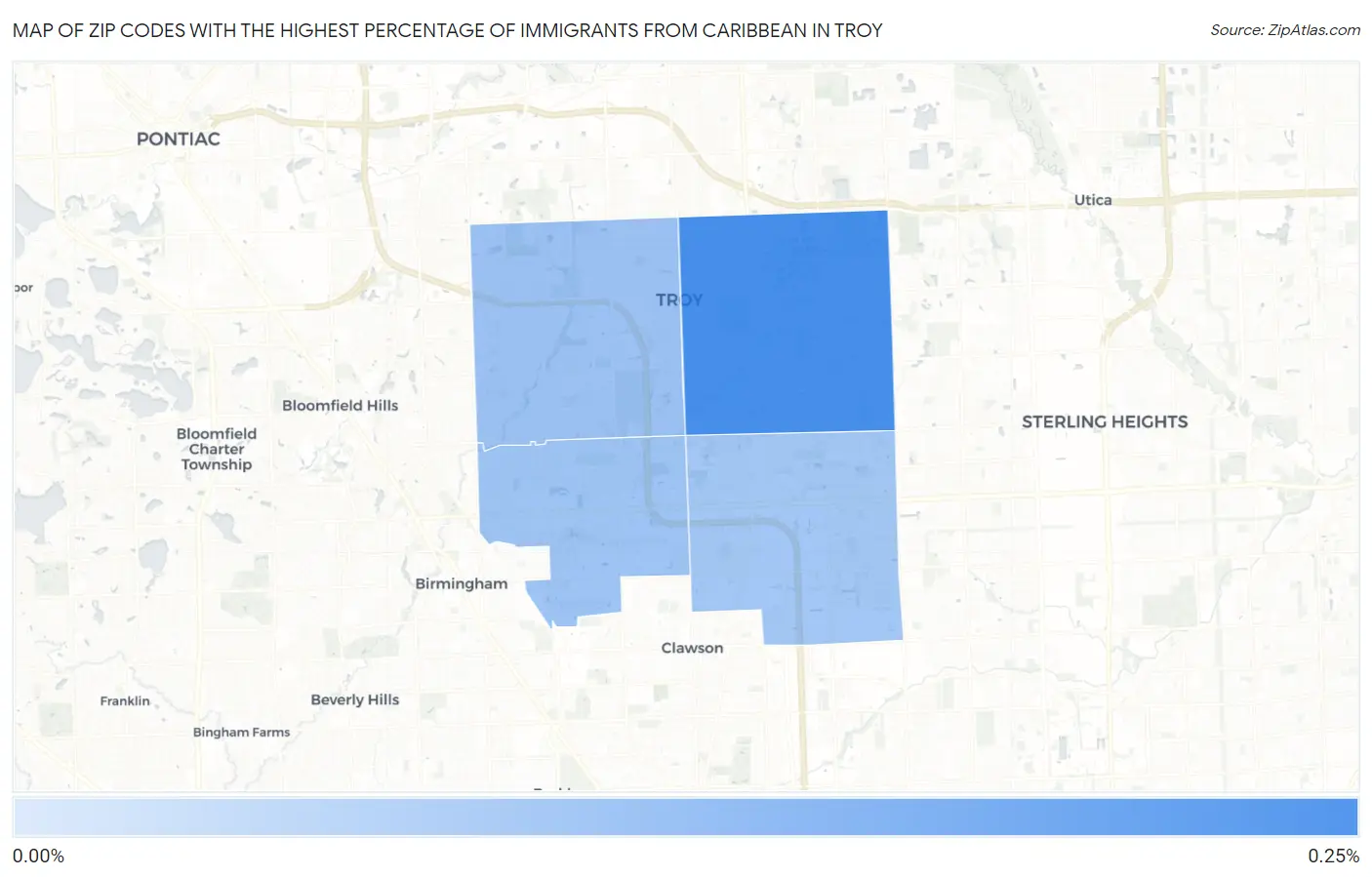 Zip Codes with the Highest Percentage of Immigrants from Caribbean in Troy Map