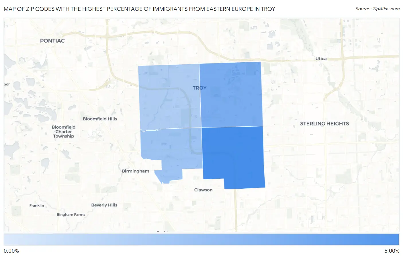 Zip Codes with the Highest Percentage of Immigrants from Eastern Europe in Troy Map