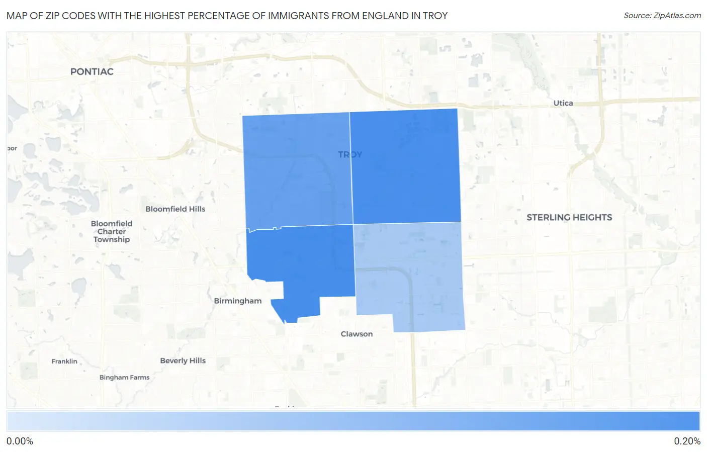 Zip Codes with the Highest Percentage of Immigrants from England in Troy Map