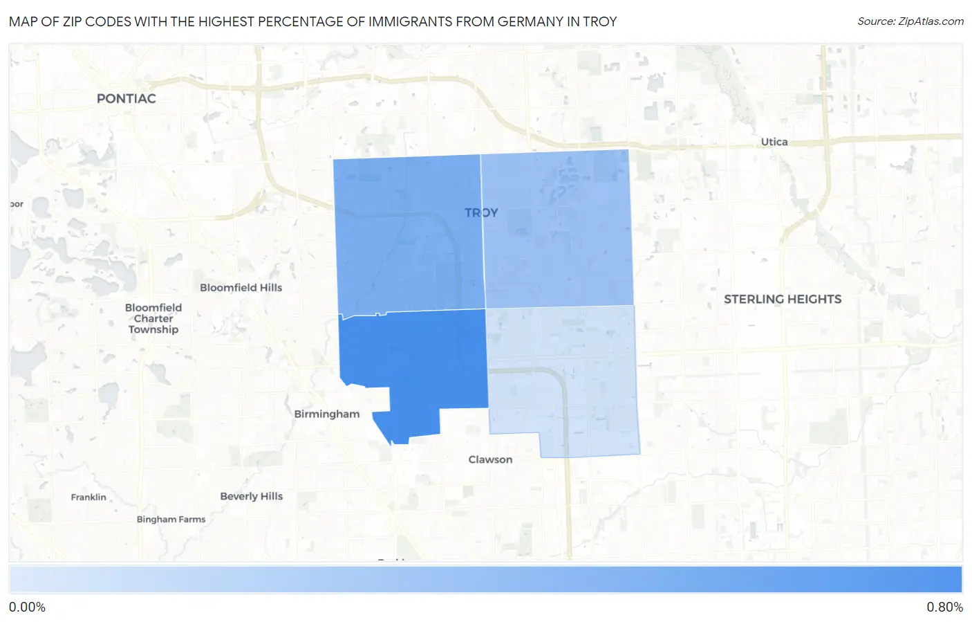 Zip Codes with the Highest Percentage of Immigrants from Germany in Troy Map