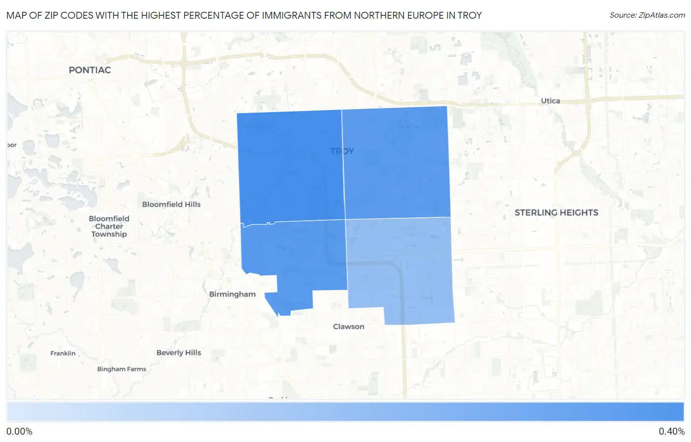 Zip Codes with the Highest Percentage of Immigrants from Northern Europe in Troy Map