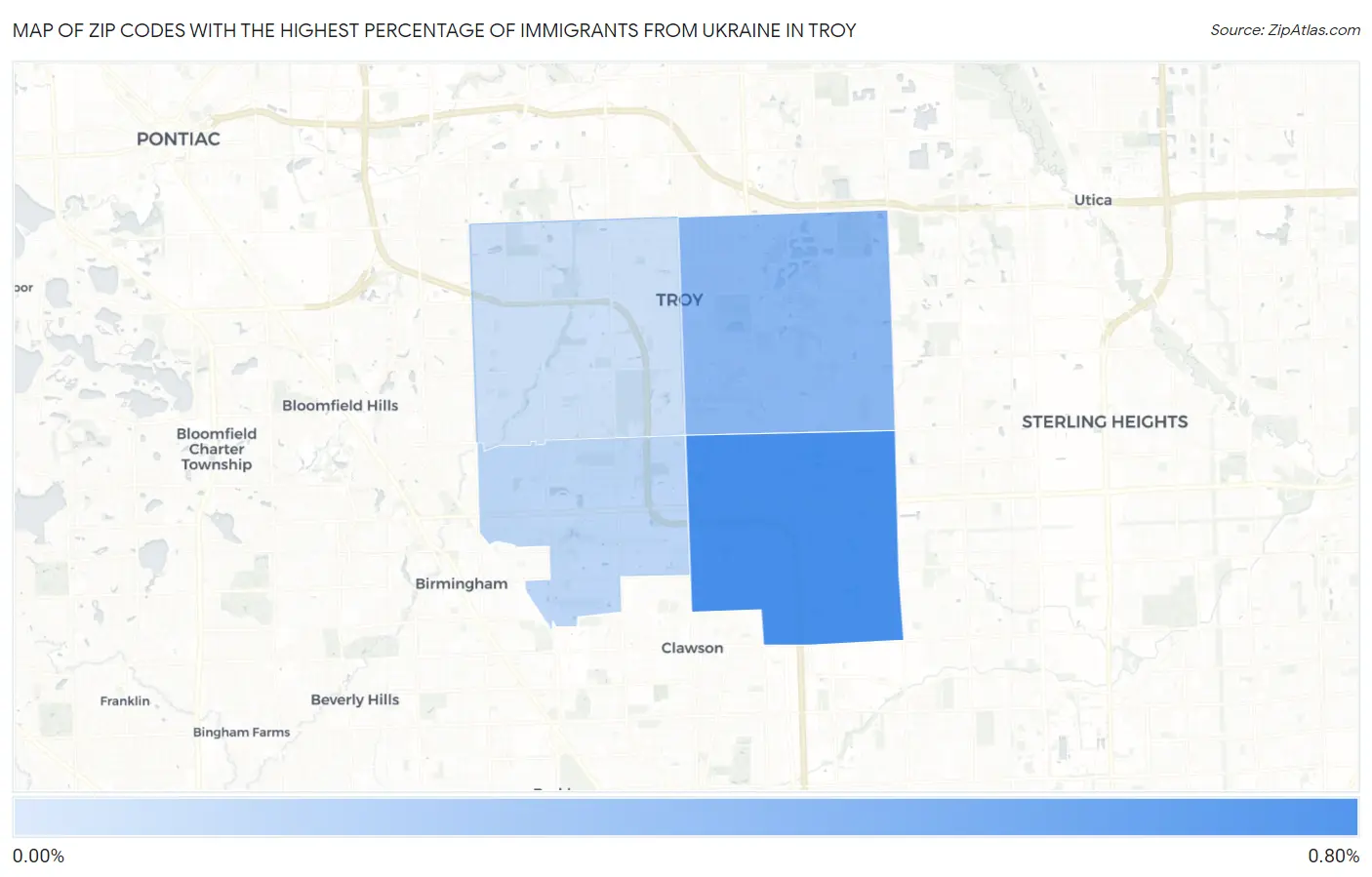 Zip Codes with the Highest Percentage of Immigrants from Ukraine in Troy Map